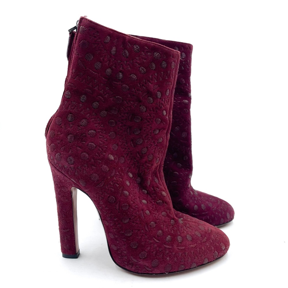 Alaia Purple Suede‎ Boots Floral Pattern Heels Embroidered Ankle 37.5 / 7.5